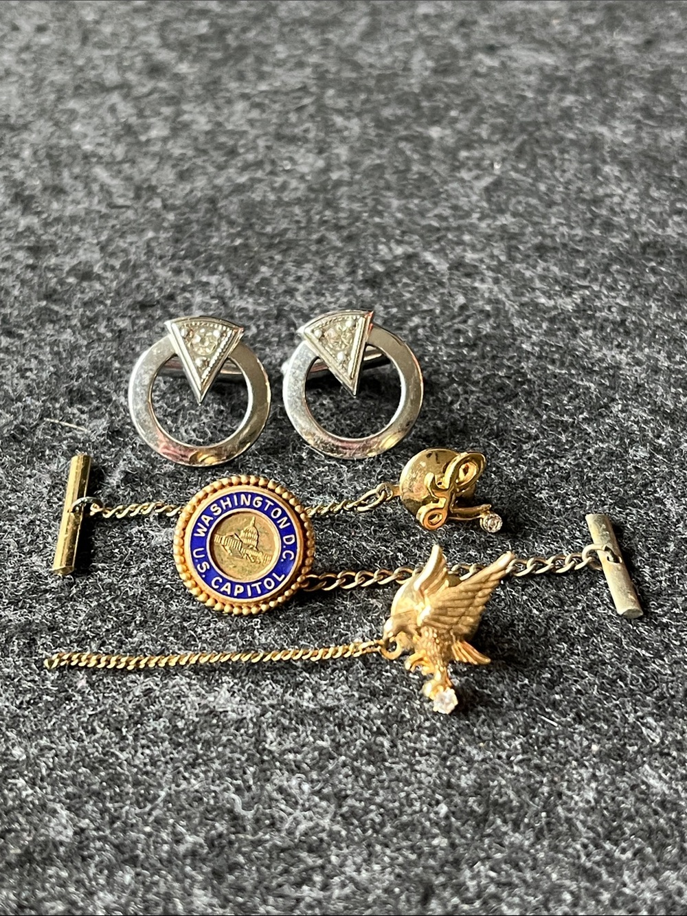 Vintage Estate Tie Tac And Cuff Link Lot Gold Tone Eagle Washington DC Americana